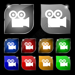 摄像头图标符号 一组有色光的十个多彩按钮卷轴用户框架照相机技术生产相机界面回忆电影图片