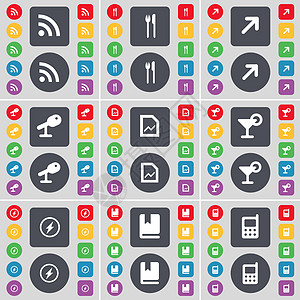 RSS 刀叉 全屏 麦克风 图形文件 鸡尾酒 Flash 字典 手机图标符号 一大套平面彩色按钮 适合您的设计图片