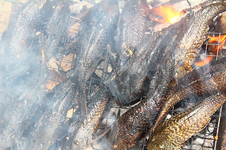 烧烤时钓鱼木头食物农村熏制炙烤烹饪假期鲑鱼闲暇营火图片