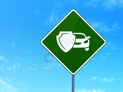 保险概念 公路上的汽车和盾牌标志背景合同车辆街道蓝色导航天空路牌风险招牌木板图片