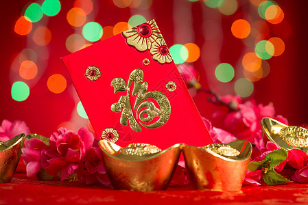 中国新年金币和红包装饰品图片