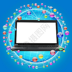 蓝色带空白屏幕的笔记本电脑监视器桌面技术键盘展示商业数据钥匙软垫办公室图片