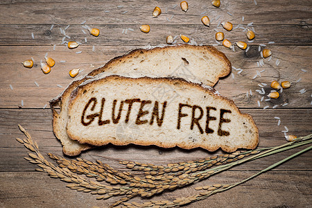 面包上烤的格丁免费标志麸质成分水稻植物木质标识底座玉米背景图片