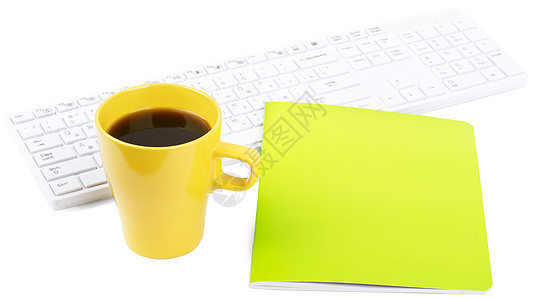 带咖啡和笔记本的键盘按钮宏观技术钥匙办公室桌面杯子电脑工具字母图片