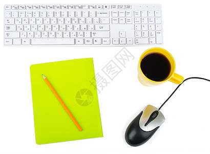 带有键盘和鼠标的咖啡杯工作硬件办公室字母杯子商业木板笔记本钥匙按钮图片