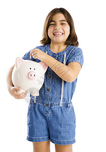 我的积蓄投资小猪微笑女孩经济金融钱盒硬币童年白色图片
