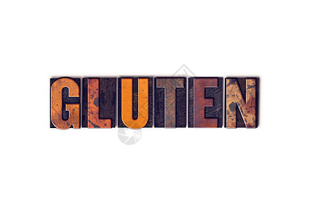 Gluten 概念单独发信器类型面筋打字稿墨水白色木头打印机食物麸质凸版字母图片
