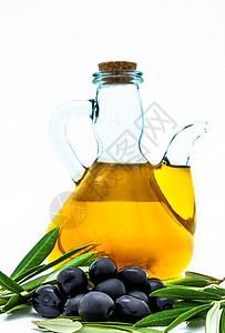 黑橄榄和橄榄油沙拉玻璃收成液体瓶子蔬菜植物饮食树叶水果图片