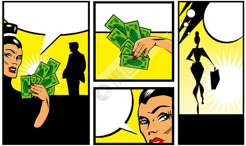 男男性女性和金钱的漫画书风格名画家思维艺术现金星星拳头女士超级英雄男人碰撞卡通片图片