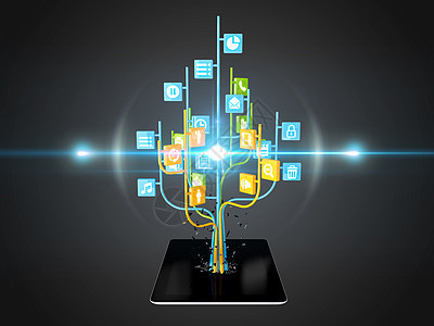 在现代黑色平板电脑上以树形状设置的社交媒体图标c手机互联网技术世界通讯消息社区团体笔记本电子邮件图片
