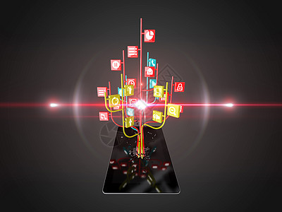 在现代黑色平板电脑上以树形状设置的社交媒体图标c技术电话触摸屏社区笔记本世界讲话药片互联网商业图片