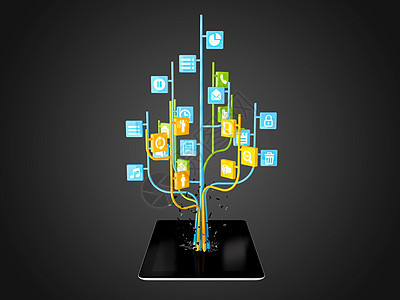 在现代黑色平板电脑上以树形状设置的社交媒体图标c互联网技术插图电子邮件相机讲话世界药片商业电话图片