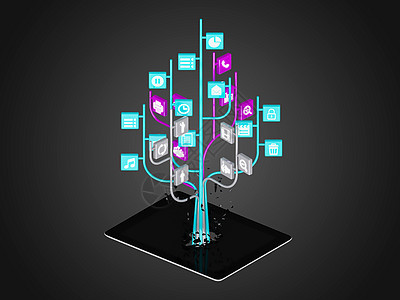在现代黑色平板电脑上以树形状设置的社交媒体图标c电子商务互联网消息触摸屏通讯电话方案讲话相机社区图片