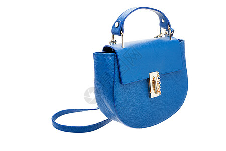 女包背景孤立在白色背景上的蓝色女包工作室皮革钱包带子女性小袋扣子奢华魅力配饰背景
