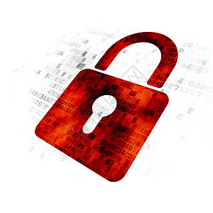 隐私概念 数字背景的闭合帕洛克别针数据挂锁安全保卫像素化攻击代码软垫裂缝图片