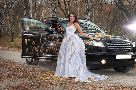 A森林中的年轻新娘幸福汽车花园生活化妆品运动庆典运输叶子成人图片