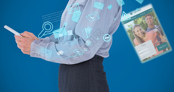 使用平板牌的女商务人士综合形象保护界面数据平板色样蓝色计算滚动套装宝蓝色背景图片