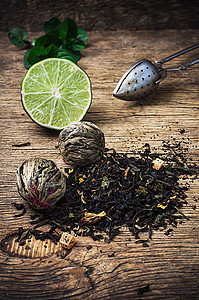 含石灰和木木本底薄荷的茶茶酿草本植物香气花瓣植物叶子焊接芳香药品食物饮料图片