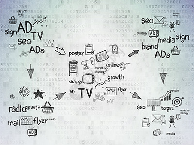 数字背景 带有手工画图的数码纸营销图标创造力代码数据战略公关广告品牌市场公司电脑图片
