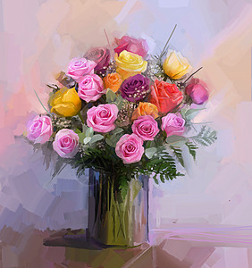 静物一束鲜花 油画红黄玫瑰花束生活花瓶绘画热情花园艺术品卡片草图香水图片