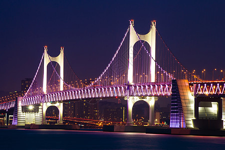 黄安桥和海云台晚上在韩国釜山吸引力地标海洋城市市中心港口观光景观建筑物夜景图片