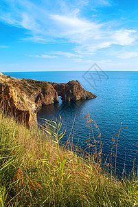 海海景观紫色旅行石窟日出海浪地平线太阳海滩墙纸场景图片