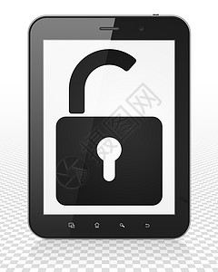 信息概念 Tablet Pc 计算机与显示上打开的挂锁图片