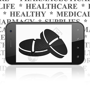 健康概念 装有药片的智能手机药品医生科学制药标签生活展示研究医院康复图片