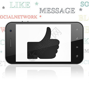 社交媒体概念智能手机与大拇指上显示触摸屏技术按钮电话互联网标签朋友网站屏幕社会图片