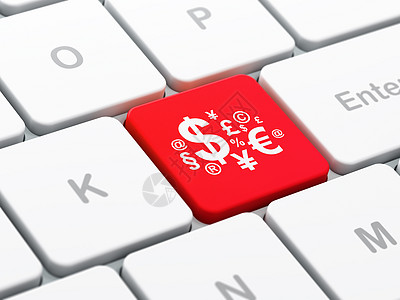 计算机键盘背景上的新闻概念金融符号白色报纸钥匙货币红色按钮杂志公告成功电脑图片