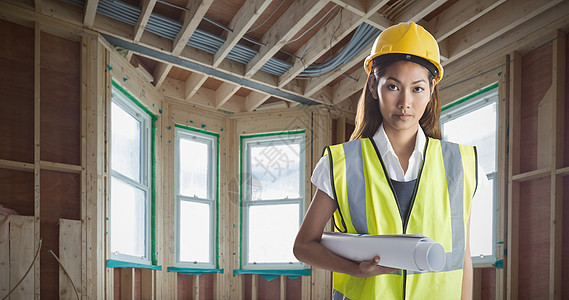 黄头盔和计划女建筑设计师综合形象图女性建设木头地面电线人士住所女士房子公寓图片