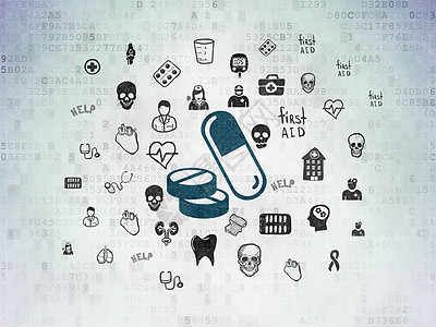 数字纸背景上的医学概念丸药店技术关心药物胶囊数据医生代码蓝色流感图片