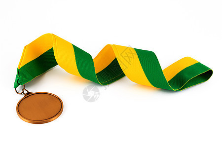 白色背景的金牌 文字空白 前景是黄绿色丝带的金牌花圈标签金子胜利仪式奖牌比赛花环证书徽章图片
