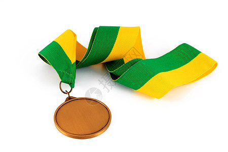 白色背景的金牌 文字空白 前景是黄绿色丝带的金牌竞赛金属桂冠仪式金子花圈奖牌荣誉徽章证书图片