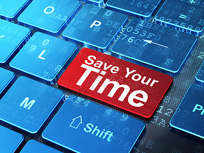 时间概念 在计算机键盘背景上节省您的时间按钮3d钥匙白色小时代码红色技术历史蓝色图片