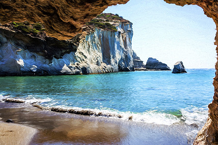 希腊岛Gerontas海滩海岸洞穴悬崖天空海洋岩石旅游旅行蓝色印象派图片
