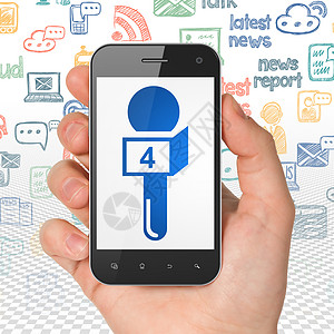 新闻概念手持智能手机与显示屏上的麦克风黑色展示涂鸦公告技术蓝色面试通讯3d娱乐图片