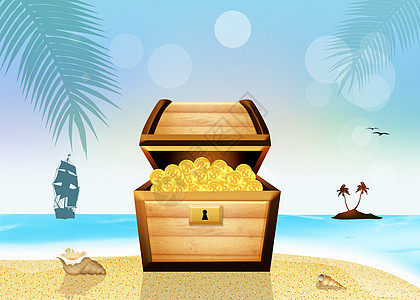 藏宝箱硬币海盗海洋海滩海盗船颅骨贪婪百宝箱热带插图图片