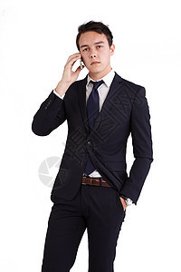 手持手机的高加索青年不快乐的生意人工作室电话黑色套装蓝色障碍领带工作压力情绪图片