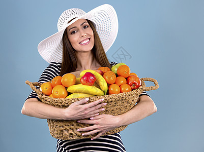 拥有水果的妇女条纹香蕉女孩黑发季节蓝色女性裙子女士化妆品图片