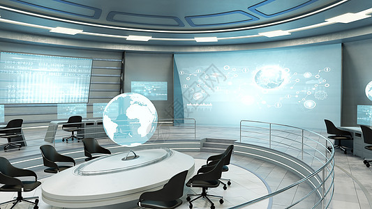 未来主义的室内景观办公室地球技术3d屏幕椅子渲染桌子插图全息背景图片