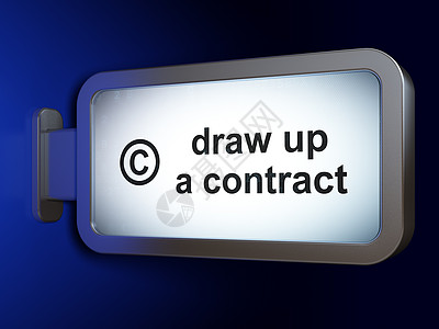 法律概念 在广告牌背景上起草一份合同和版权专利财产账单渲染防御蓝色灯箱作者广告犯罪图片