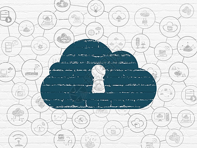 云层网络化概念 墙壁上有云孔的云洞全球解决方案建筑服务器互联网软件图表方案蓝色数据图片