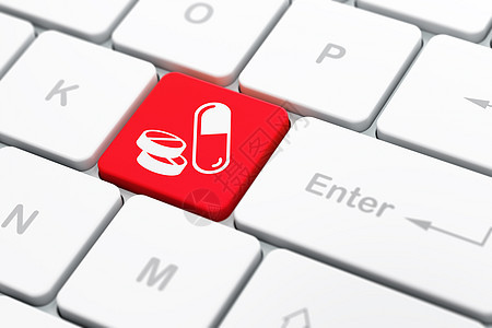 保健概念 计算机键盘背景上的药丸药品疾病科学3d渲染医生胶囊公司按钮药店图片