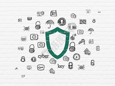 盾牌图标墙上背景上的安全概念轮廓盾牌攻击犯罪隐私政策数据草图建筑绘画绿色保卫背景