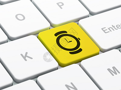 计算机键盘背景上的时间概念手表日程倒数黑色展示钥匙按钮黄色3d白色工作图片