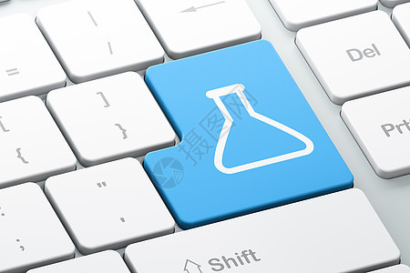 计算机键盘背景上的科学概念烧瓶生物学化学品学校知识化学钥匙烧杯实验室玻璃物理图片