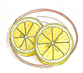 水彩画-盘子上的柠檬片图片