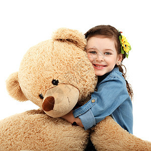 小女孩和大泰迪熊玩得开心笑图片