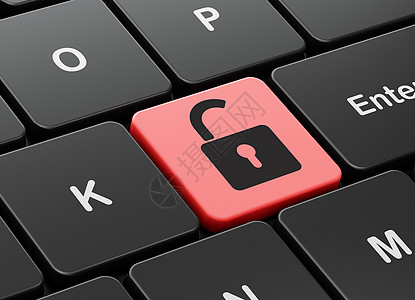 计算机键盘背景上的安全概念打开挂锁按钮软垫红色数据网络黑色钥匙隐私保卫锁孔图片